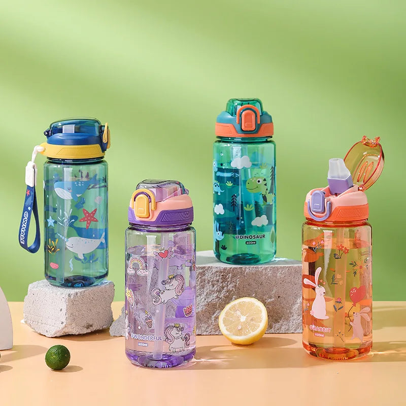 Cartoon Animal Water Bottle - 600ml Kids Straw Cup with Safety Lock