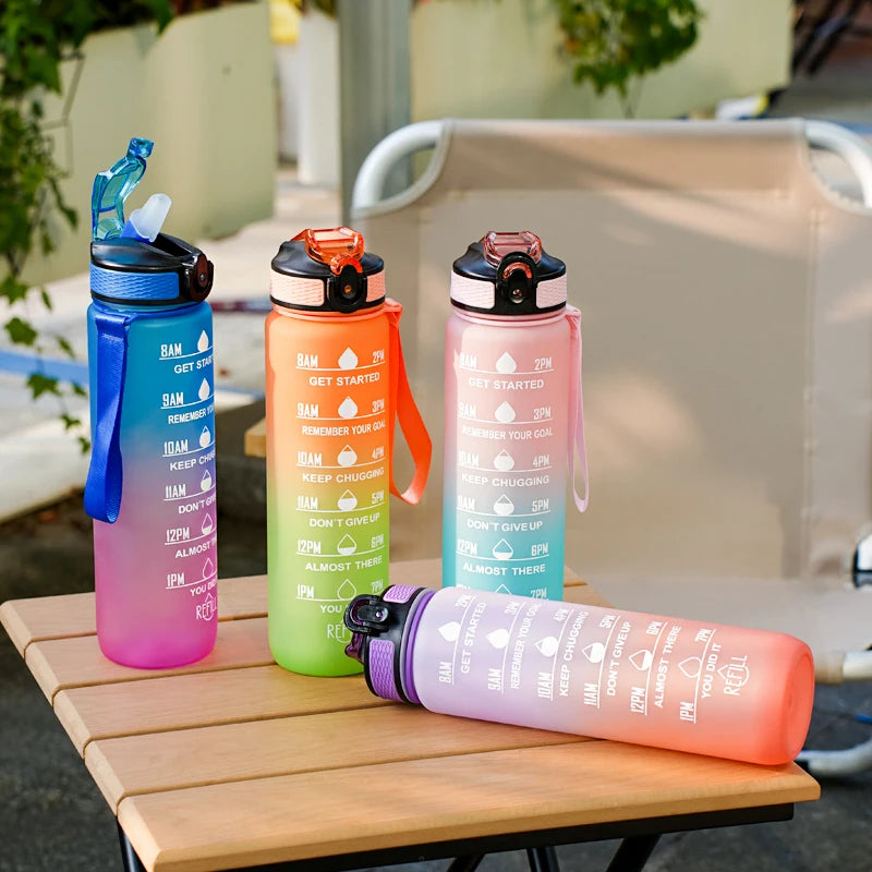 Motivational Water Bottle - 1L with Time Marks and Straw