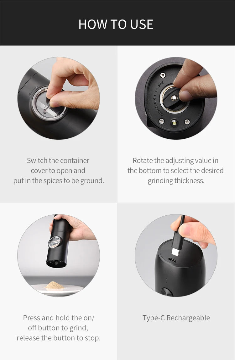 Automatic Pepper Grinder - USB Rechargeable with Adjustable Coarseness