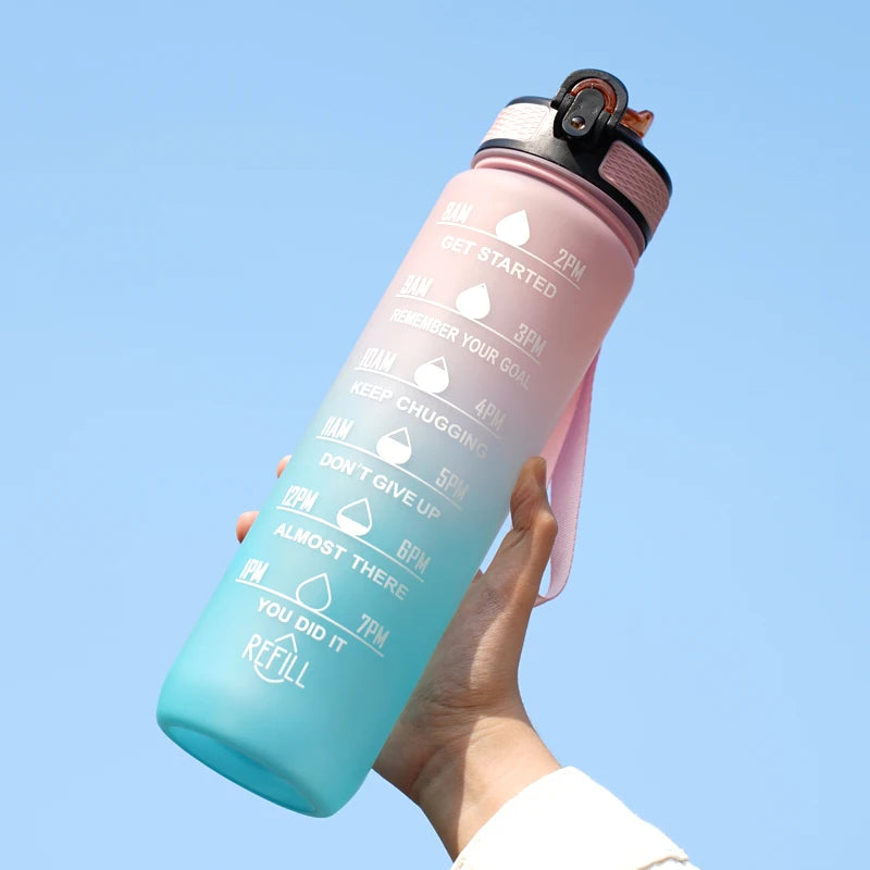 Motivational Water Bottle - 1L with Time Marks and Straw