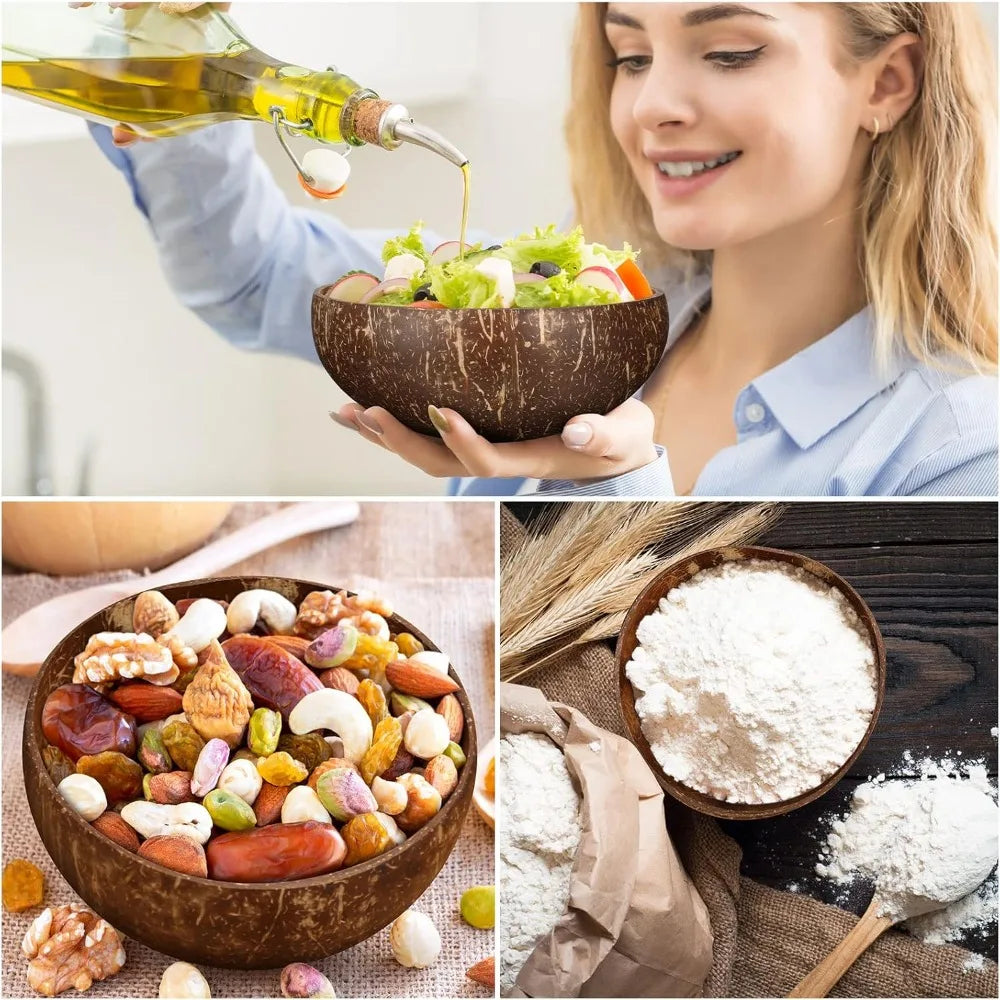 Natural Coconut Bowl Set - Polished Bowls with Wooden Spoons