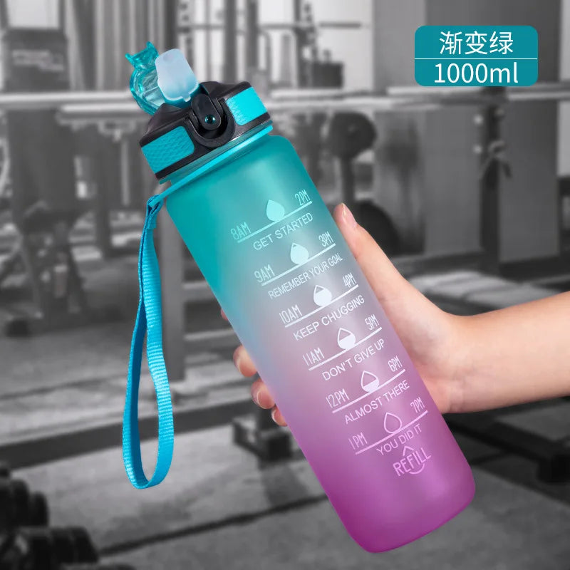 Motivational Water Bottle - 1L with Time Marks and Straw