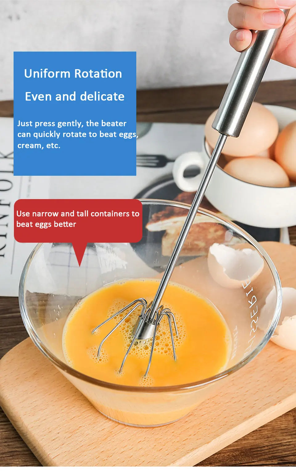 Semi-Automatic Egg Beater - Self-Turning Stainless Steel Whisk