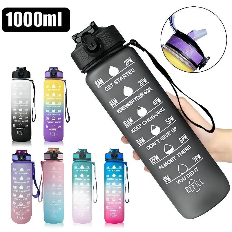Motivational Water Bottle - 1L with Time Marks and Straw