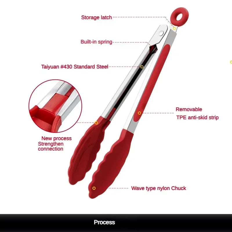 Anti-Slip Cooking Tongs - Stainless Steel Food Clip