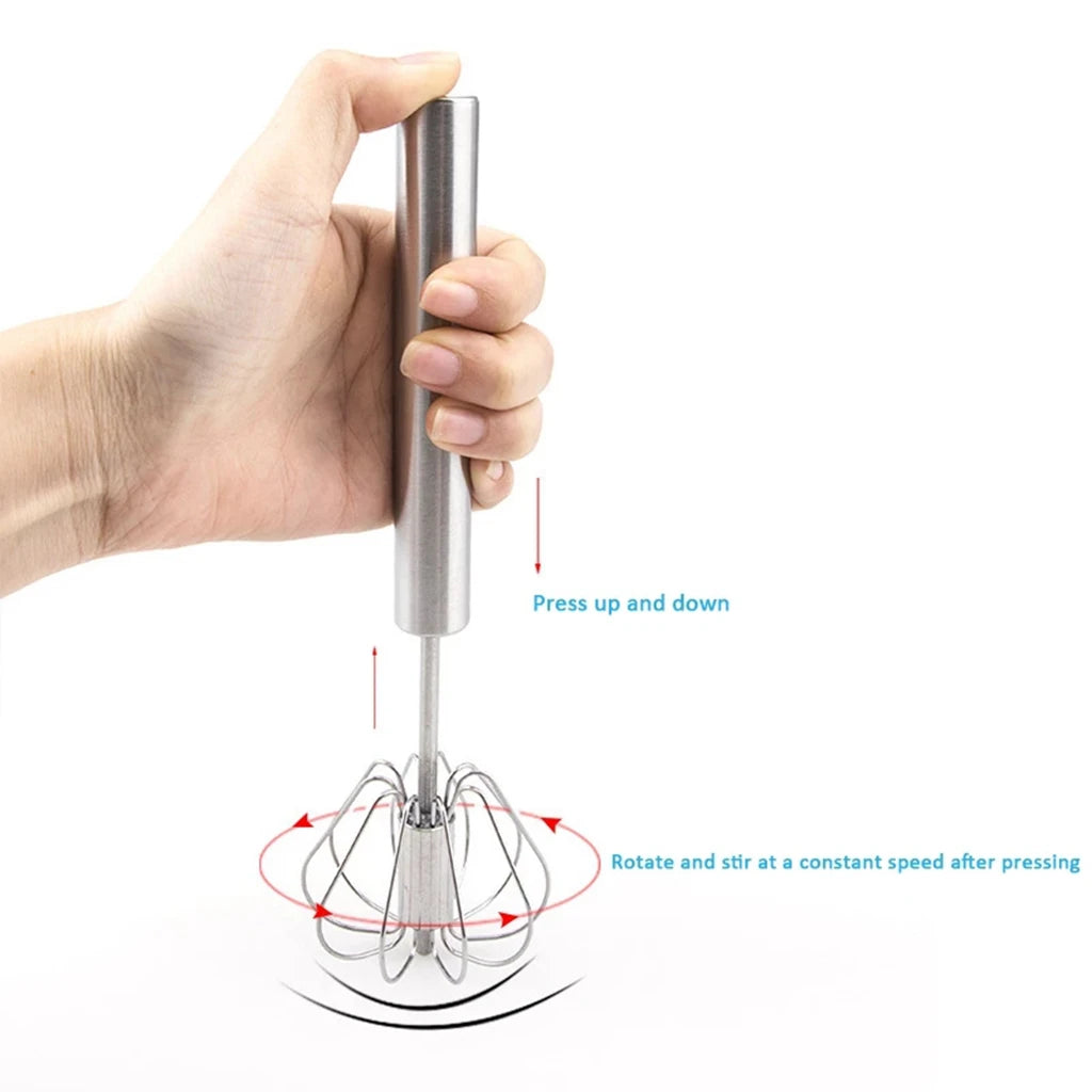 Semi-Automatic Egg Beater - Self-Turning Stainless Steel Whisk