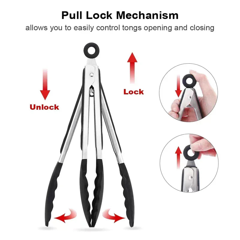 Anti-Slip Cooking Tongs - Stainless Steel Food Clip