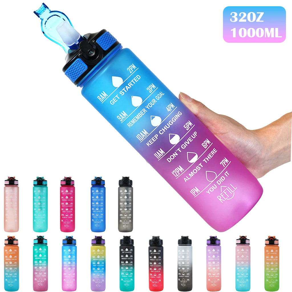 Motivational Water Bottle - 1L with Time Marks and Straw
