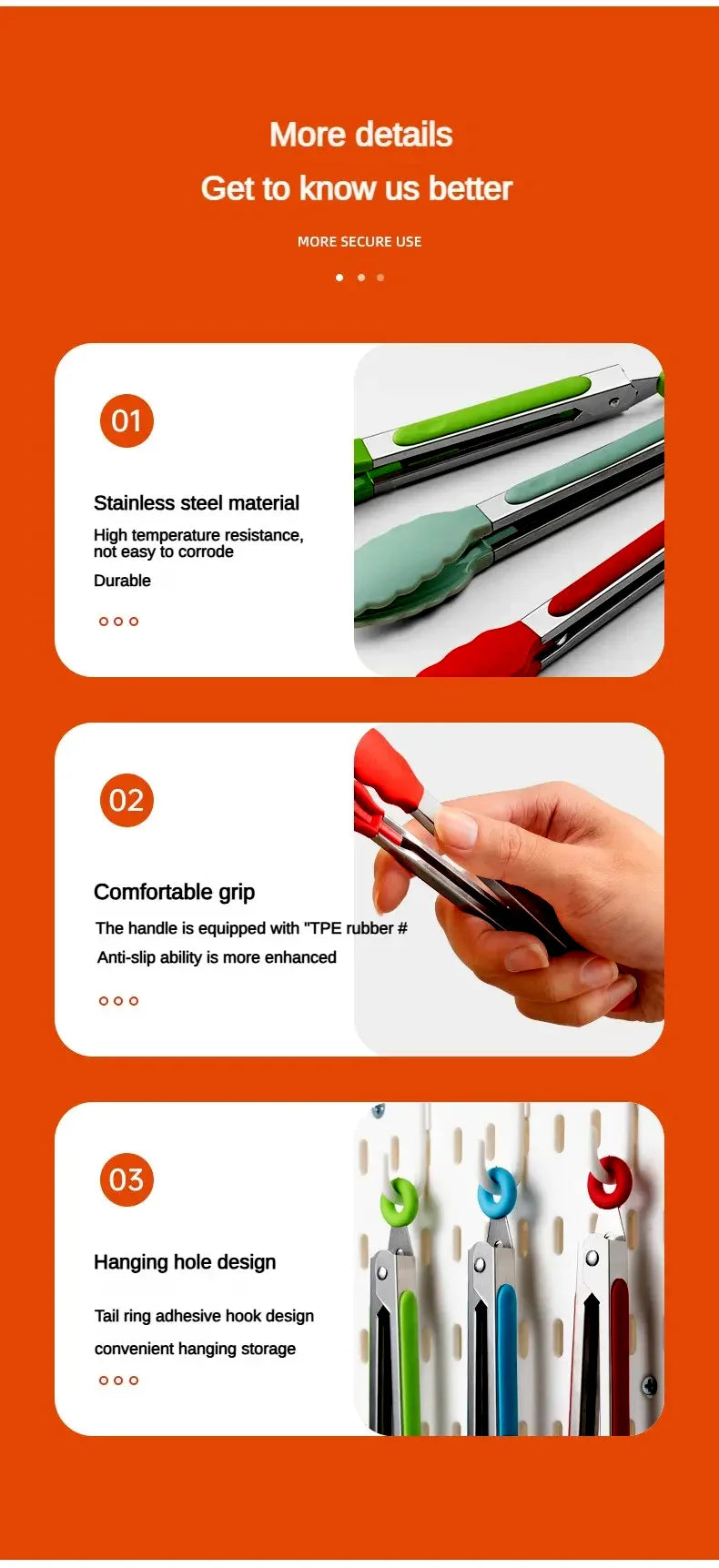Anti-Slip Cooking Tongs - Stainless Steel Food Clip