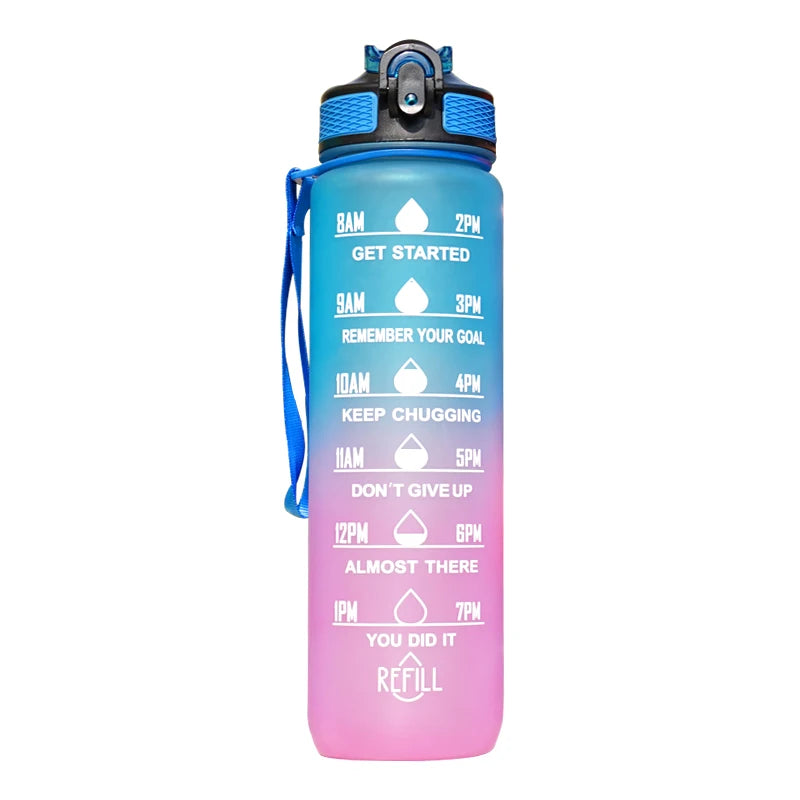 Motivational Water Bottle - 1L with Time Marks and Straw