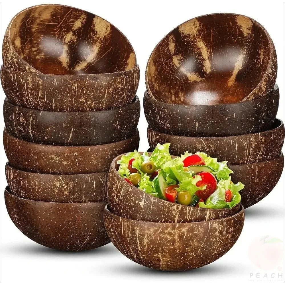 Natural Coconut Bowl Set - Polished Bowls with Wooden Spoons