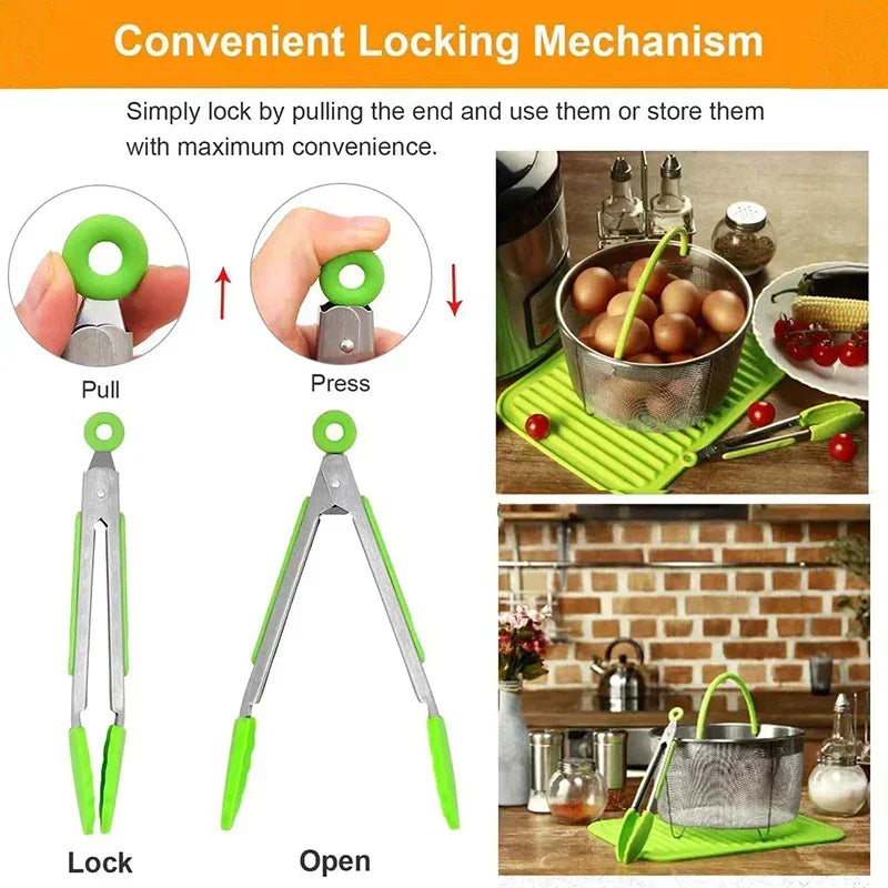 Anti-Slip Cooking Tongs - Stainless Steel Food Clip
