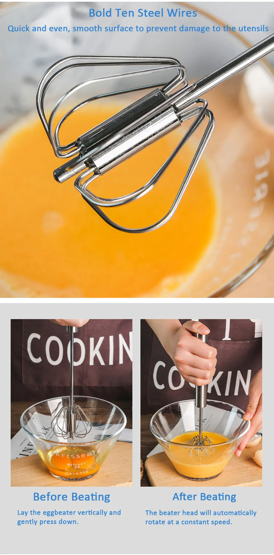 Semi-Automatic Egg Beater - Self-Turning Stainless Steel Whisk