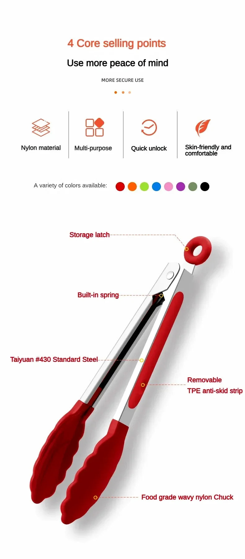 Anti-Slip Cooking Tongs - Stainless Steel Food Clip