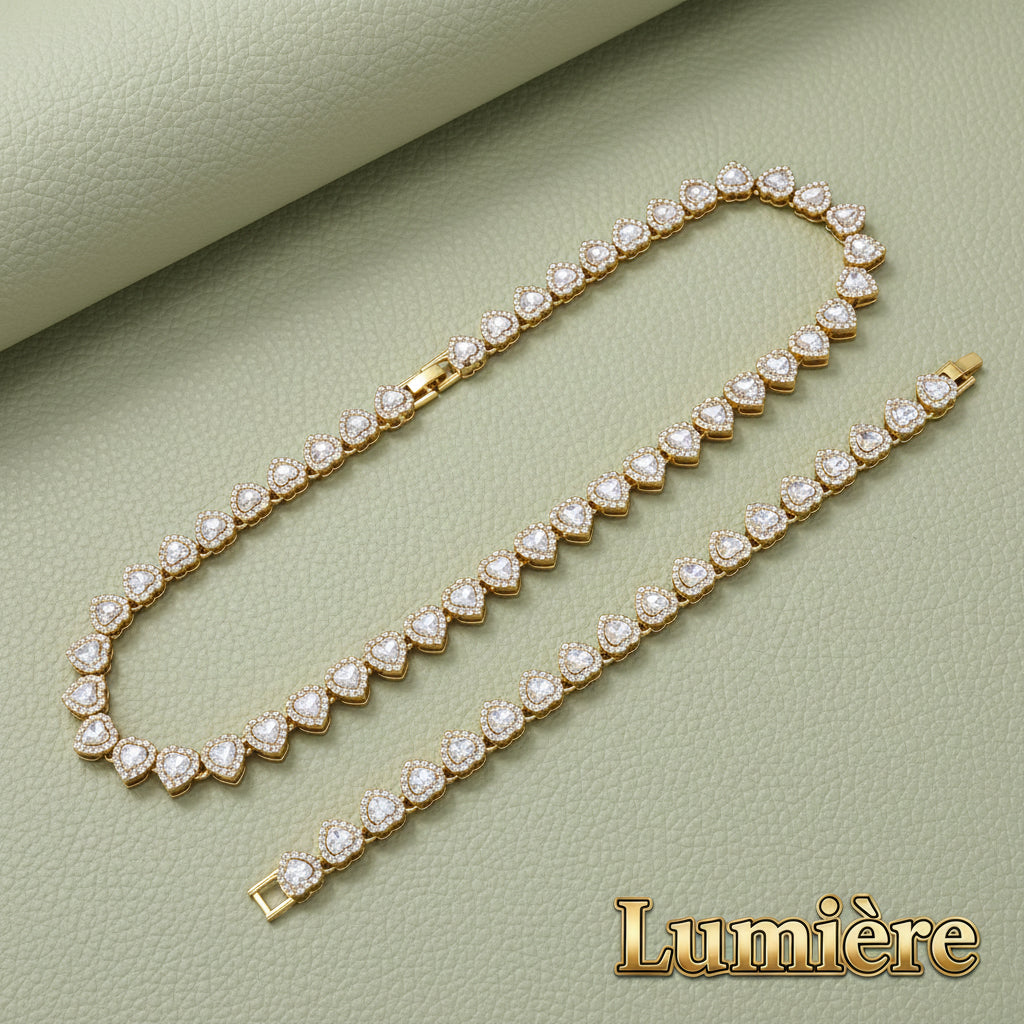 Lumière Heart Tennis Chain Set — Rhinestone Necklace & Bracelet