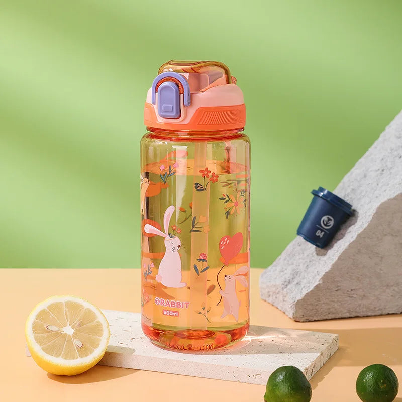 Cartoon Animal Water Bottle - 600ml Kids Straw Cup with Safety Lock