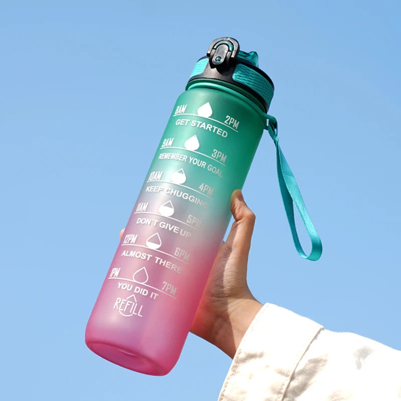 Motivational Water Bottle - 1L with Time Marks and Straw