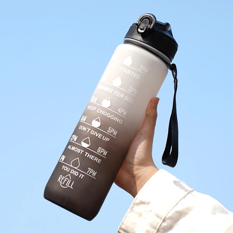 Motivational Water Bottle - 1L with Time Marks and Straw