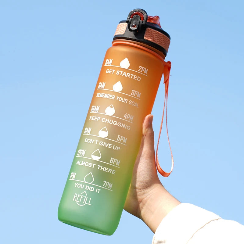 Motivational Water Bottle - 1L with Time Marks and Straw