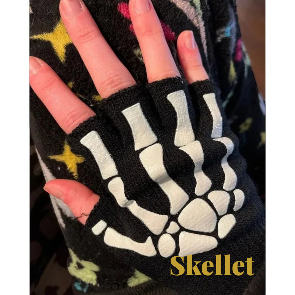 Gr8est fingerless gloves featuring a white skeleton hand print on black fabric for a Halloween costume accessory