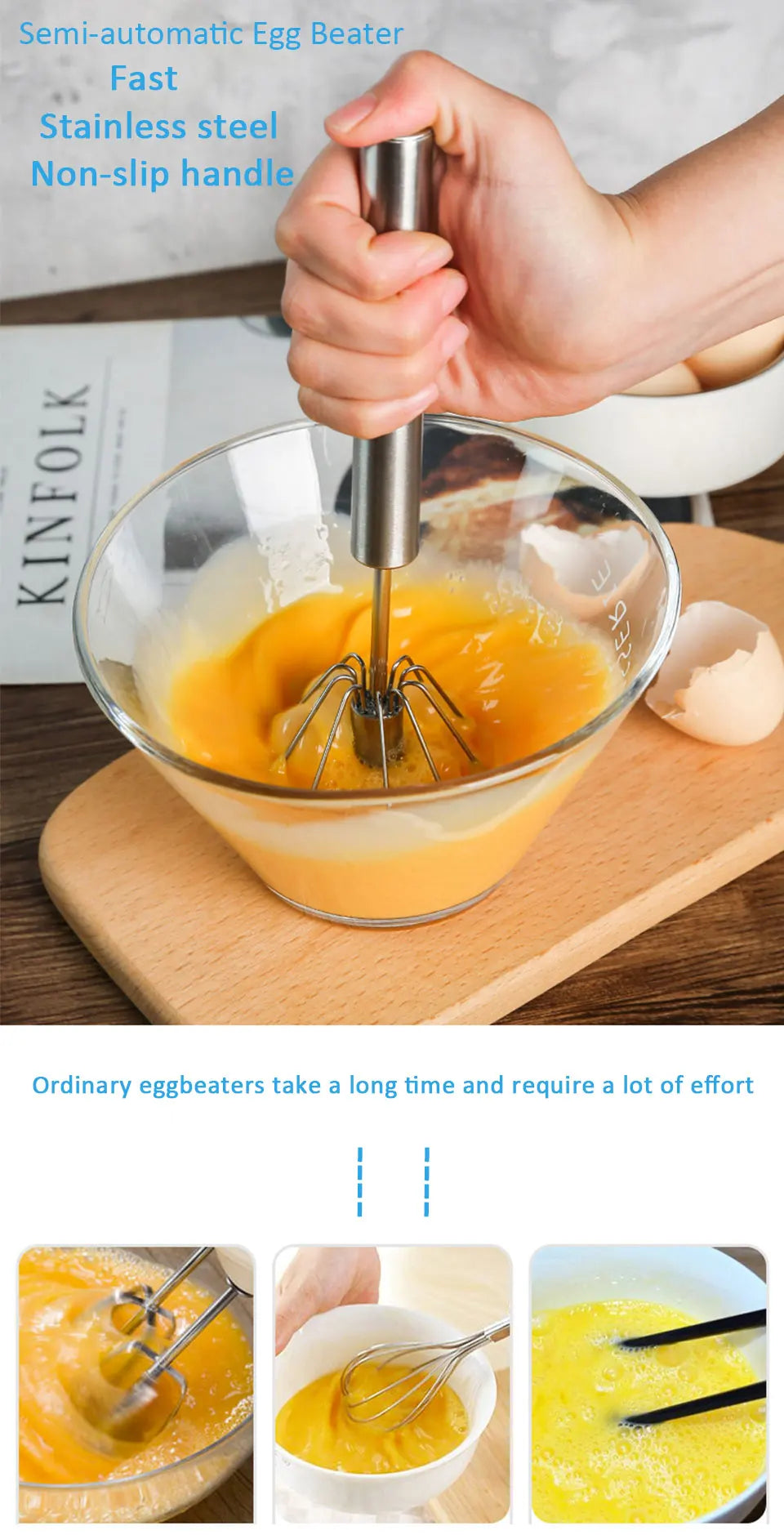 Semi-Automatic Egg Beater - Self-Turning Stainless Steel Whisk
