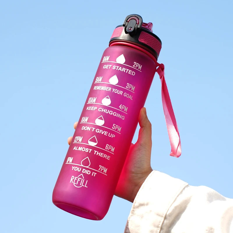 Motivational Water Bottle - 1L with Time Marks and Straw