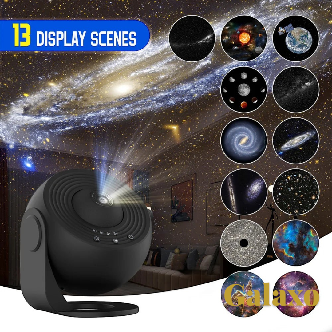 Gr8est 13-in-1 planetarium galaxy projector with 13 display scenes, projecting a starry night sky onto a bedroom ceiling.