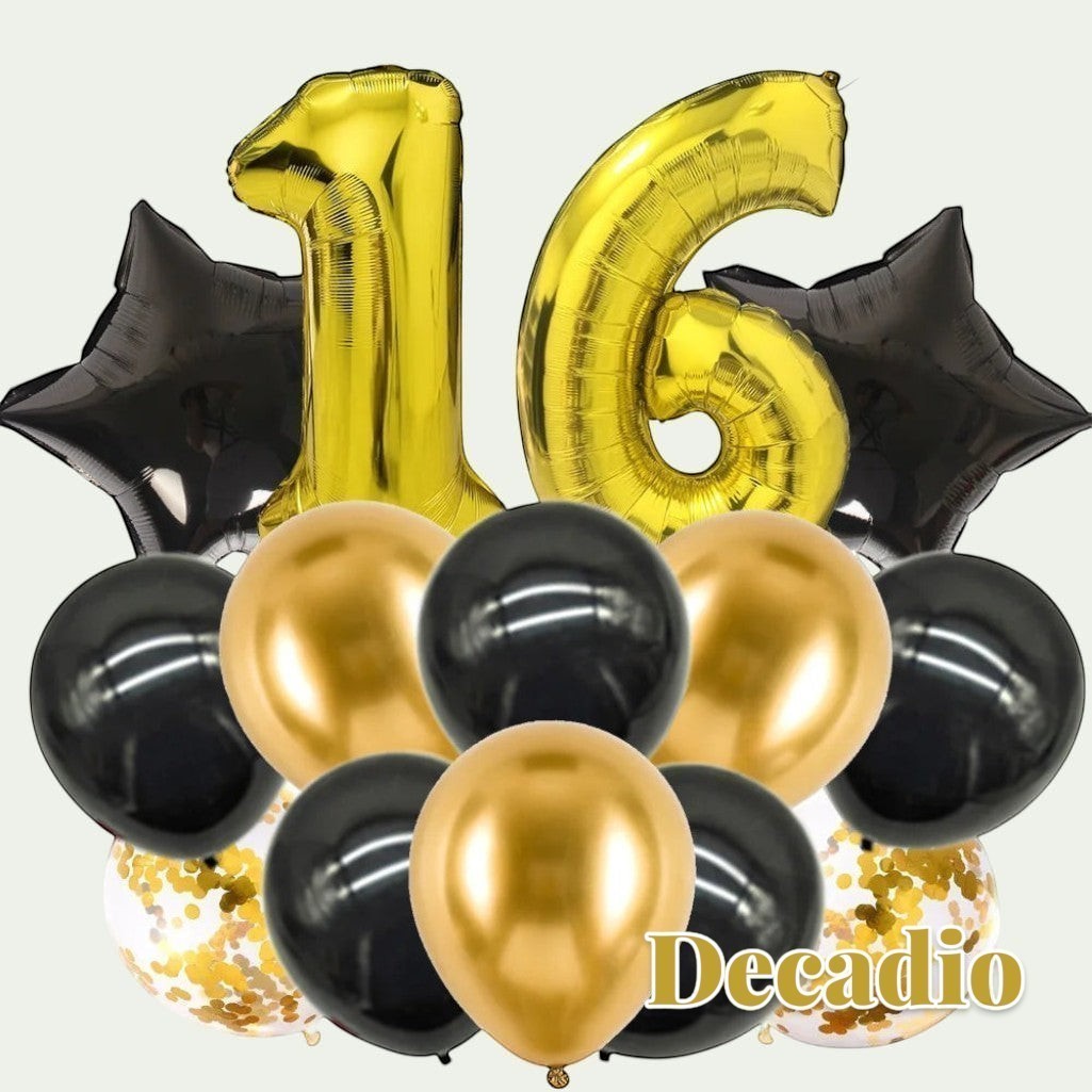 Gr8est 32-inch gold foil number 16 balloons with black star balloons and gold and black confetti latex party balloons