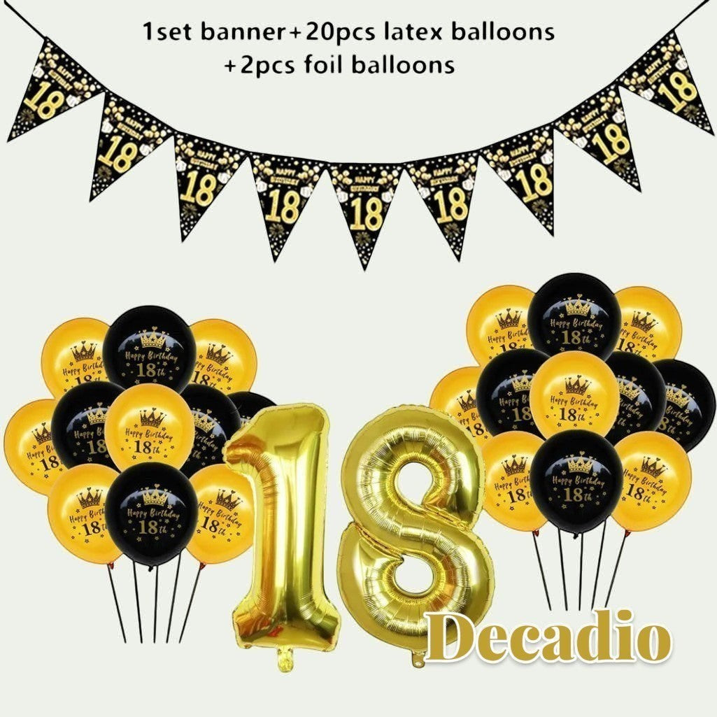 Gr8est 18th birthday party decoration set with gold foil number balloons, black and gold latex balloons, and banner.