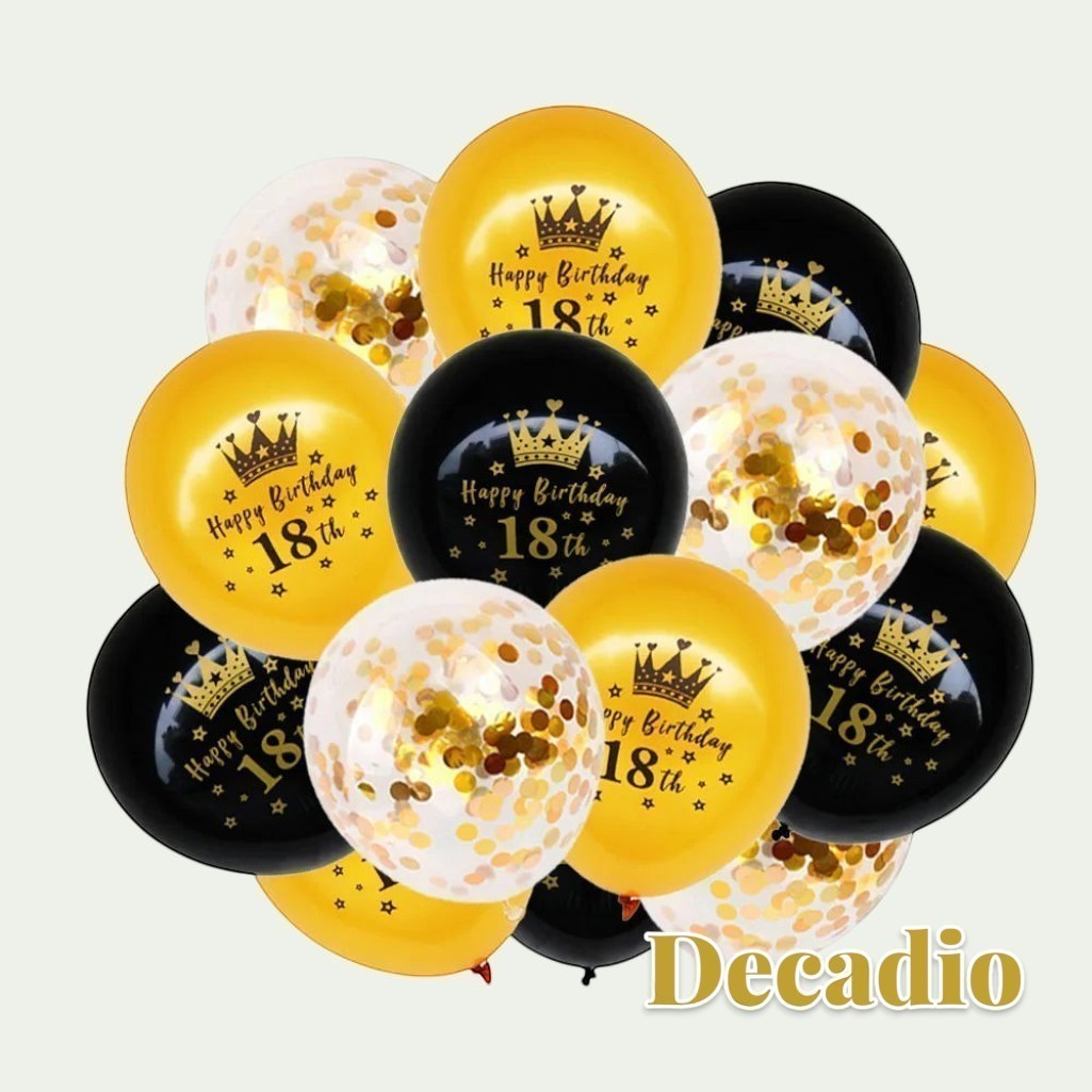 Gr8est 18th birthday balloon set featuring black and gold latex balloons with crown prints and gold confetti fill
