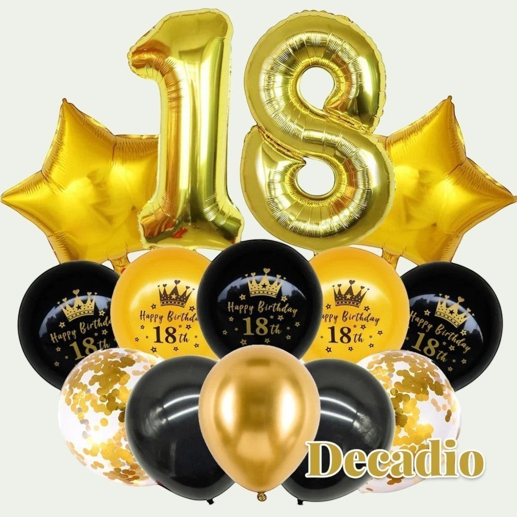 Gr8est 18th birthday balloon set featuring large gold foil number balloons, star balloons, and black and gold latex balloons.