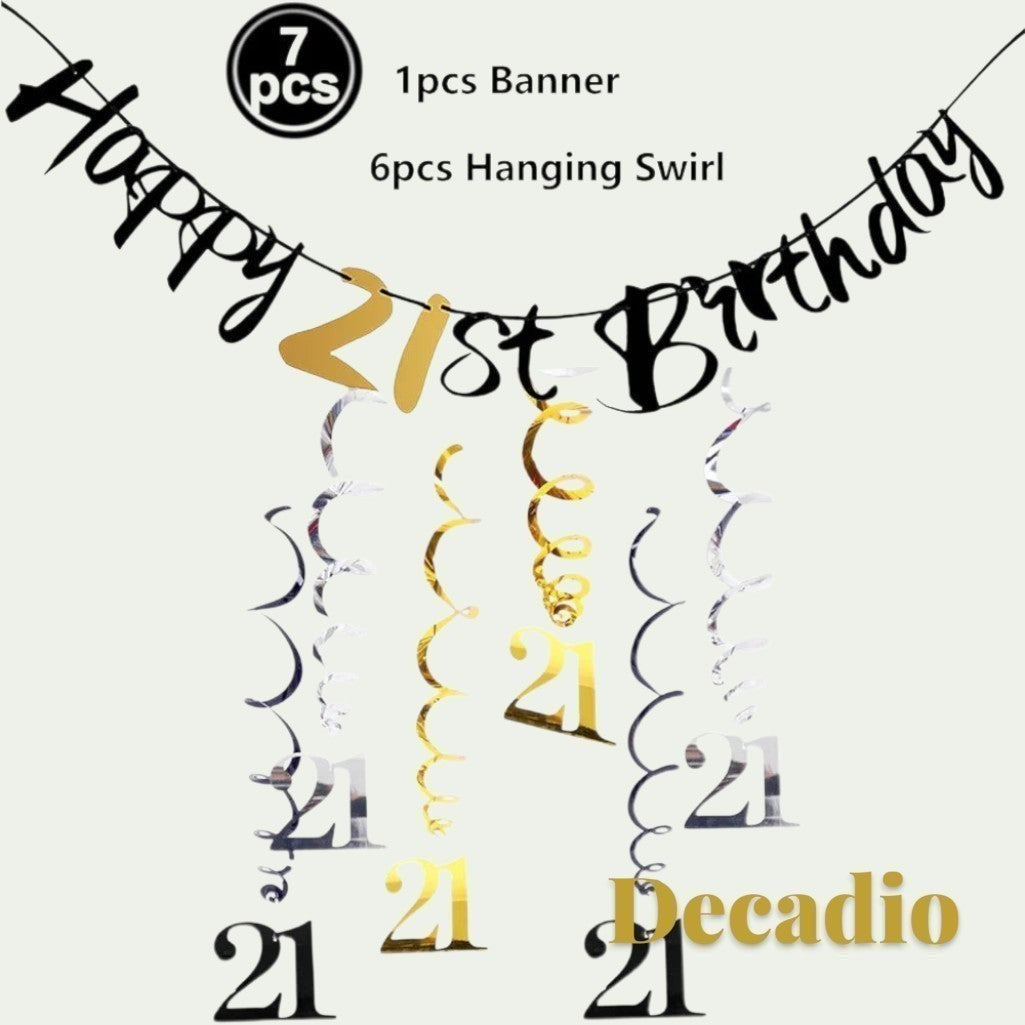 Gr8est 21st birthday party decoration set featuring a black Happy Birthday banner and gold and silver hanging swirls.
