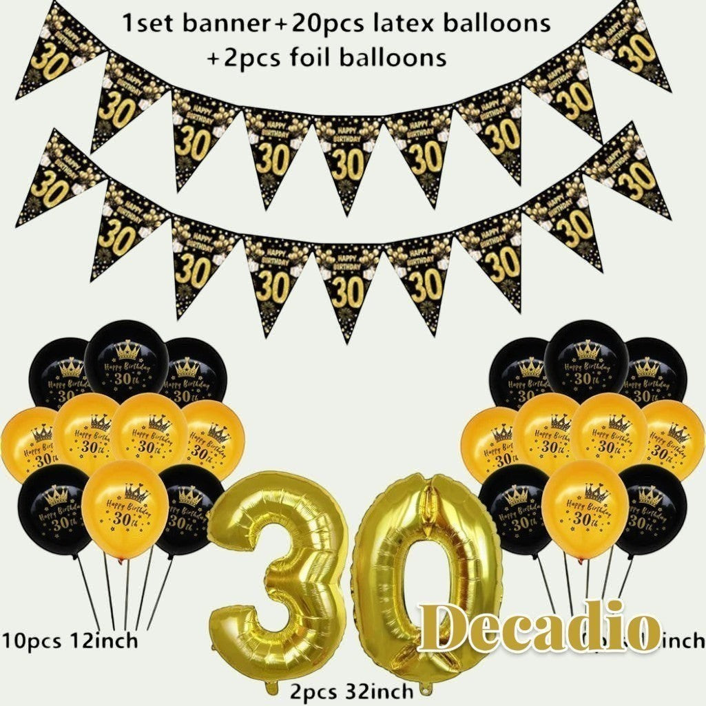 Gr8est 30th birthday decoration set with gold foil number balloons, black and gold latex balloons, and party banner