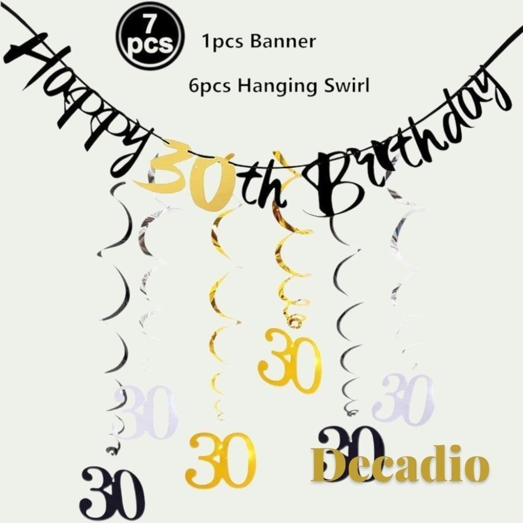 Gr8est 30th birthday party decoration set featuring a black Happy Birthday banner and gold, silver, and black swirls.