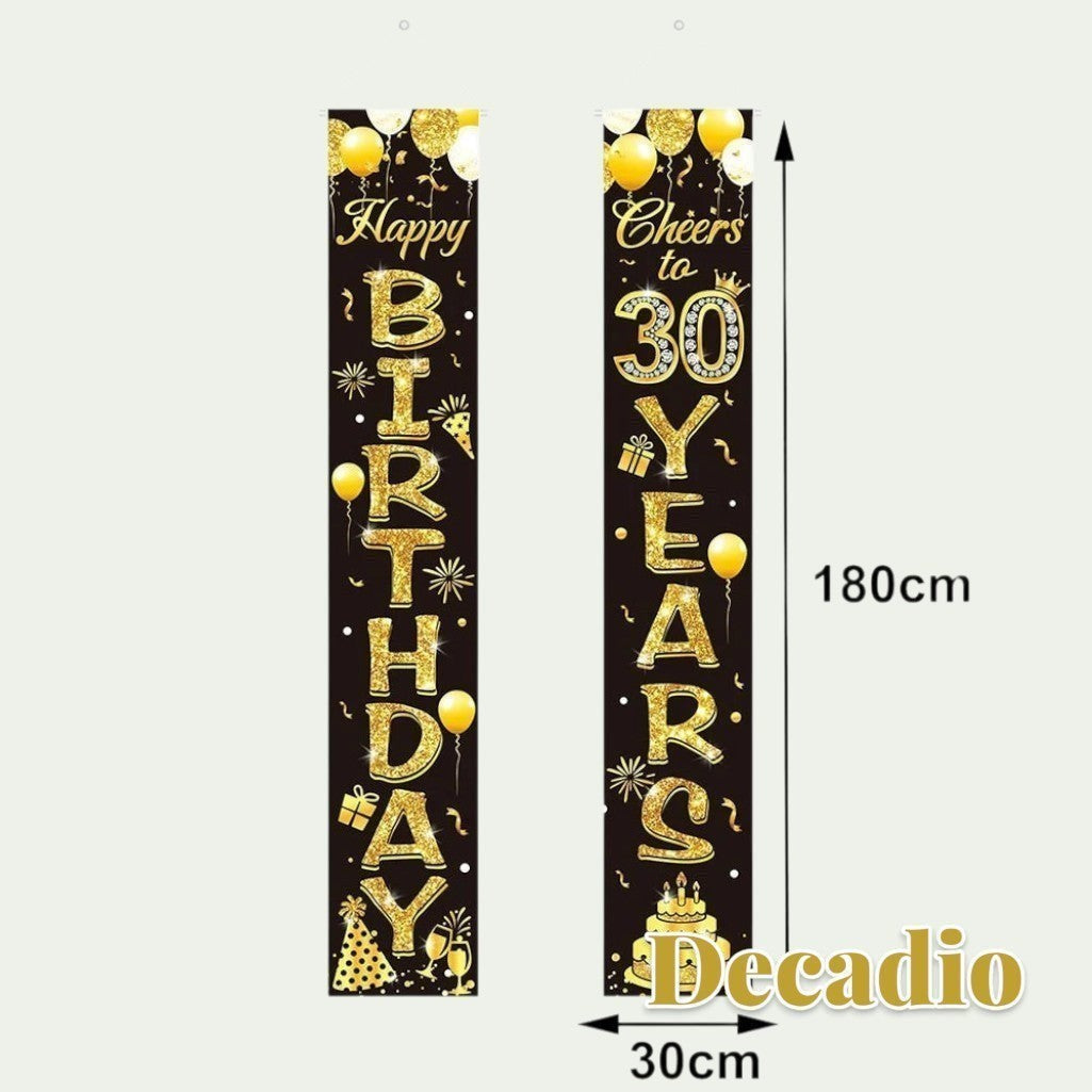 Gr8est 30th birthday porch banners in black and gold with glittery text and balloon illustrations for party decor