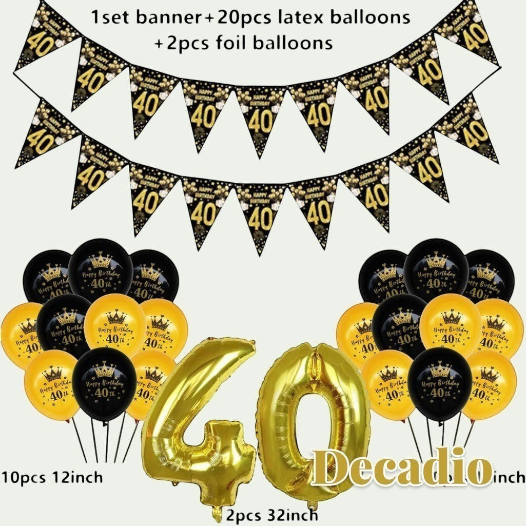 Gr8est 40th birthday party decoration set with gold foil number balloons, black and gold latex balloons, and banners.