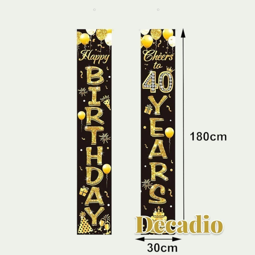 Gr8est 40th birthday party door banners in black and gold with glittery text and balloon illustrations