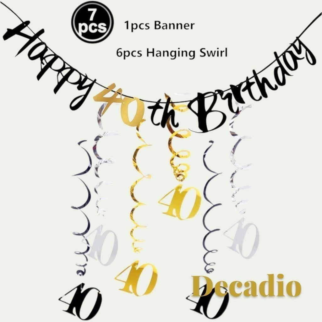 Gr8est 40th birthday party decoration set featuring a Happy Birthday banner and hanging gold and black swirls.
