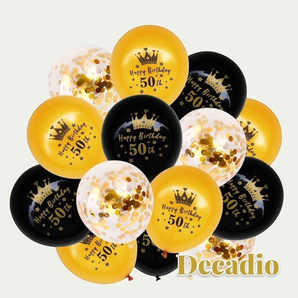 Gr8est 50th birthday balloon set featuring black and gold latex balloons with crown prints and gold confetti fill