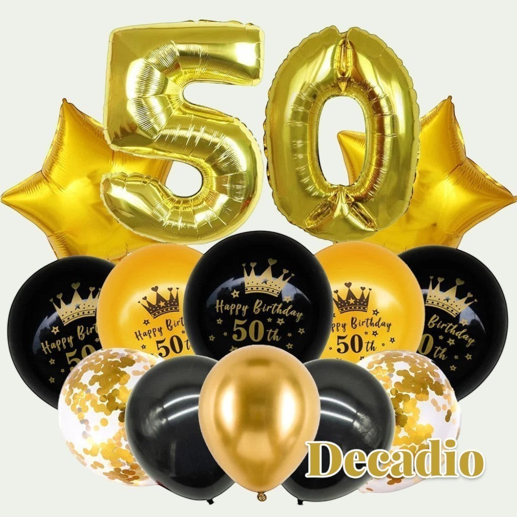 Gr8est 50th birthday balloon set with gold foil number balloons, star balloons, and black and gold confetti latex.