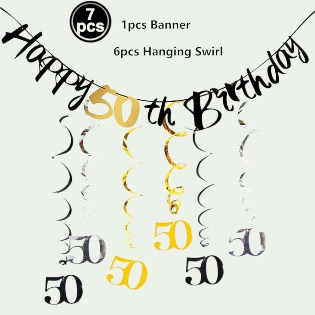 Gr8est 50th birthday party decoration set featuring a black Happy Birthday banner and gold, silver, and black hanging swirls.