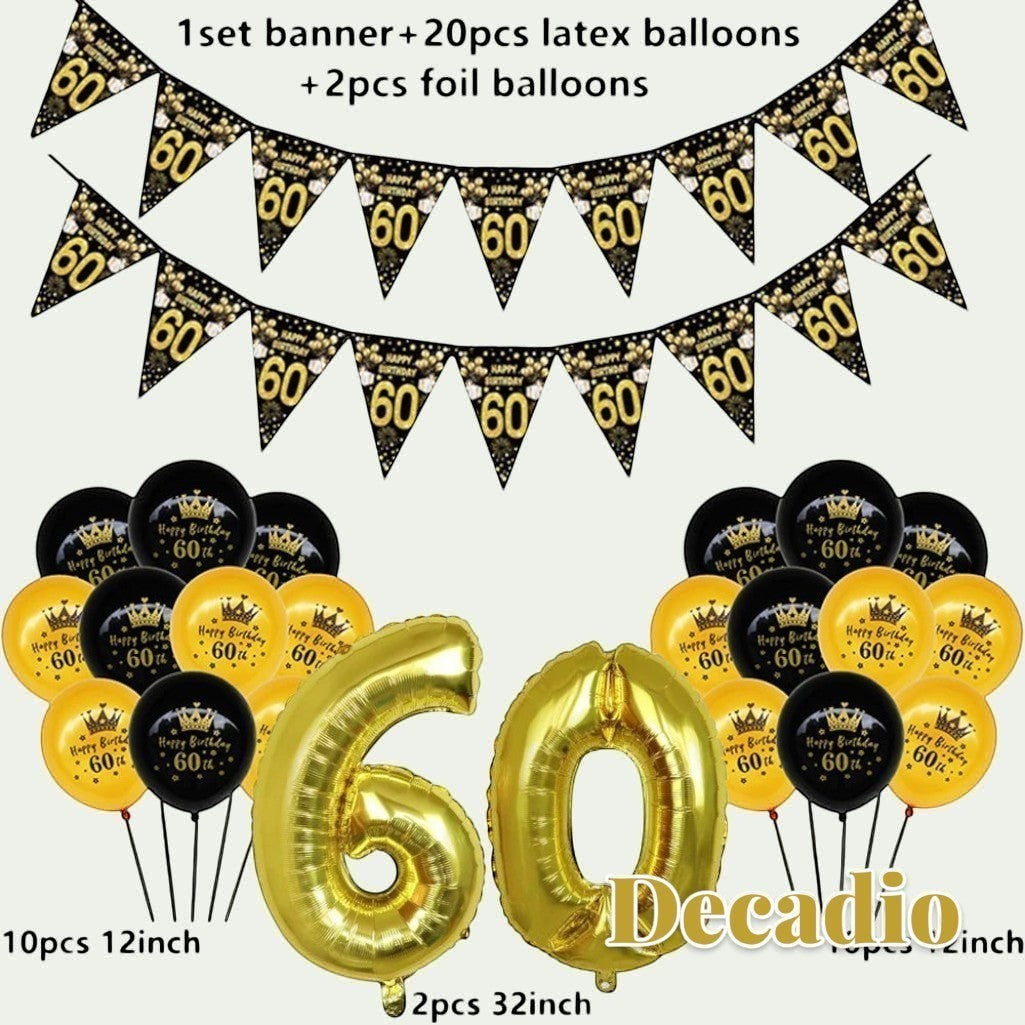 Gr8est 60th birthday party decoration set with gold foil number balloons, black and gold confetti latex balloons, and banner
