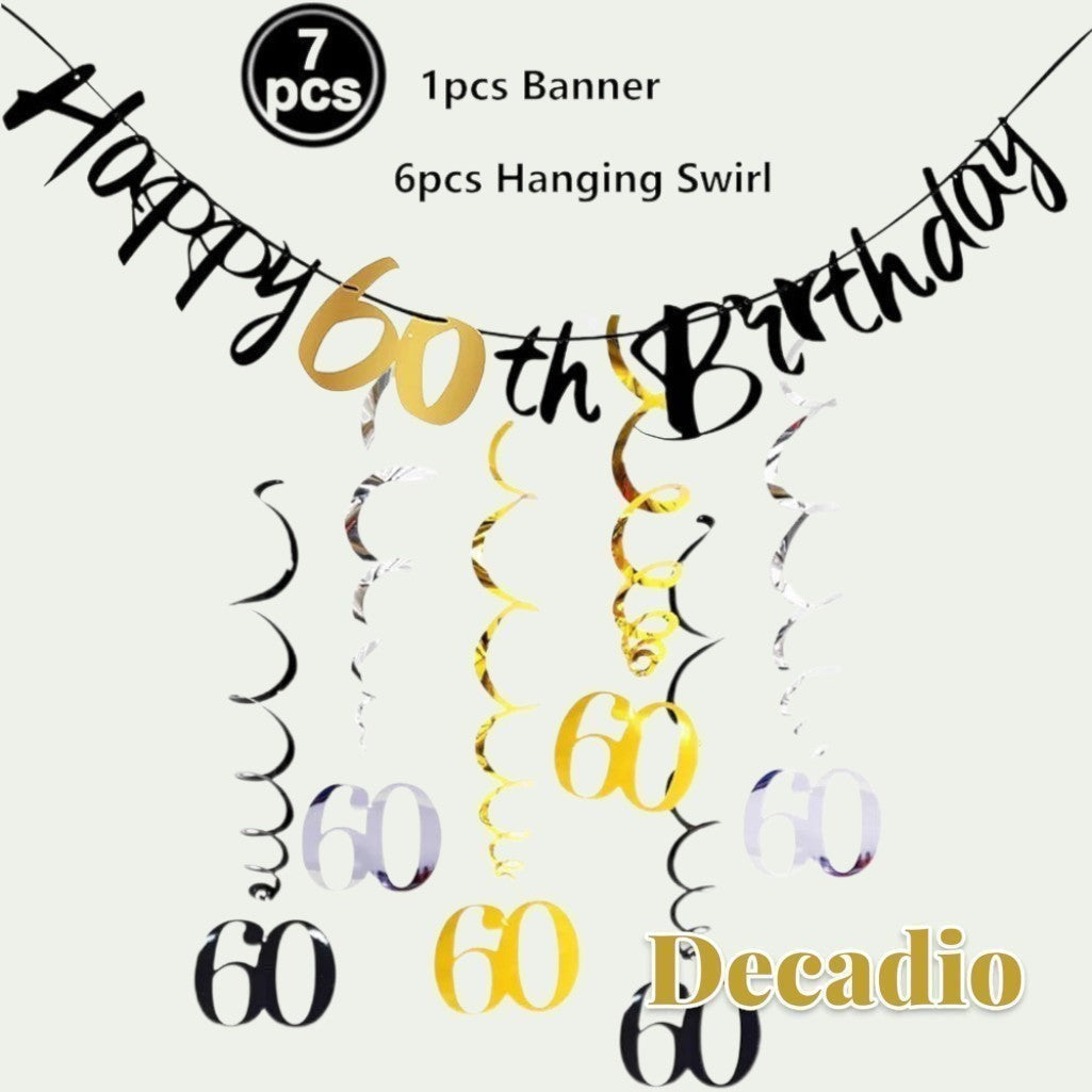 Gr8est 60th birthday party decoration set featuring a black Happy Birthday banner and gold, silver, and black swirls.