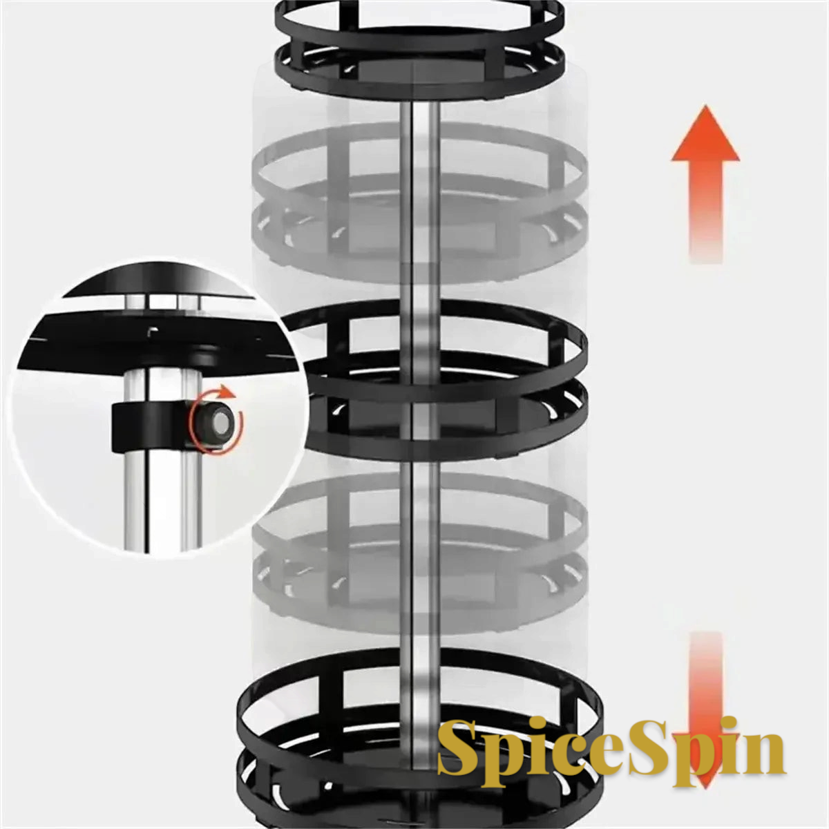 Gr8est SpiceSpin adjustable height rotating spice rack with black circular trays and stainless steel center pole