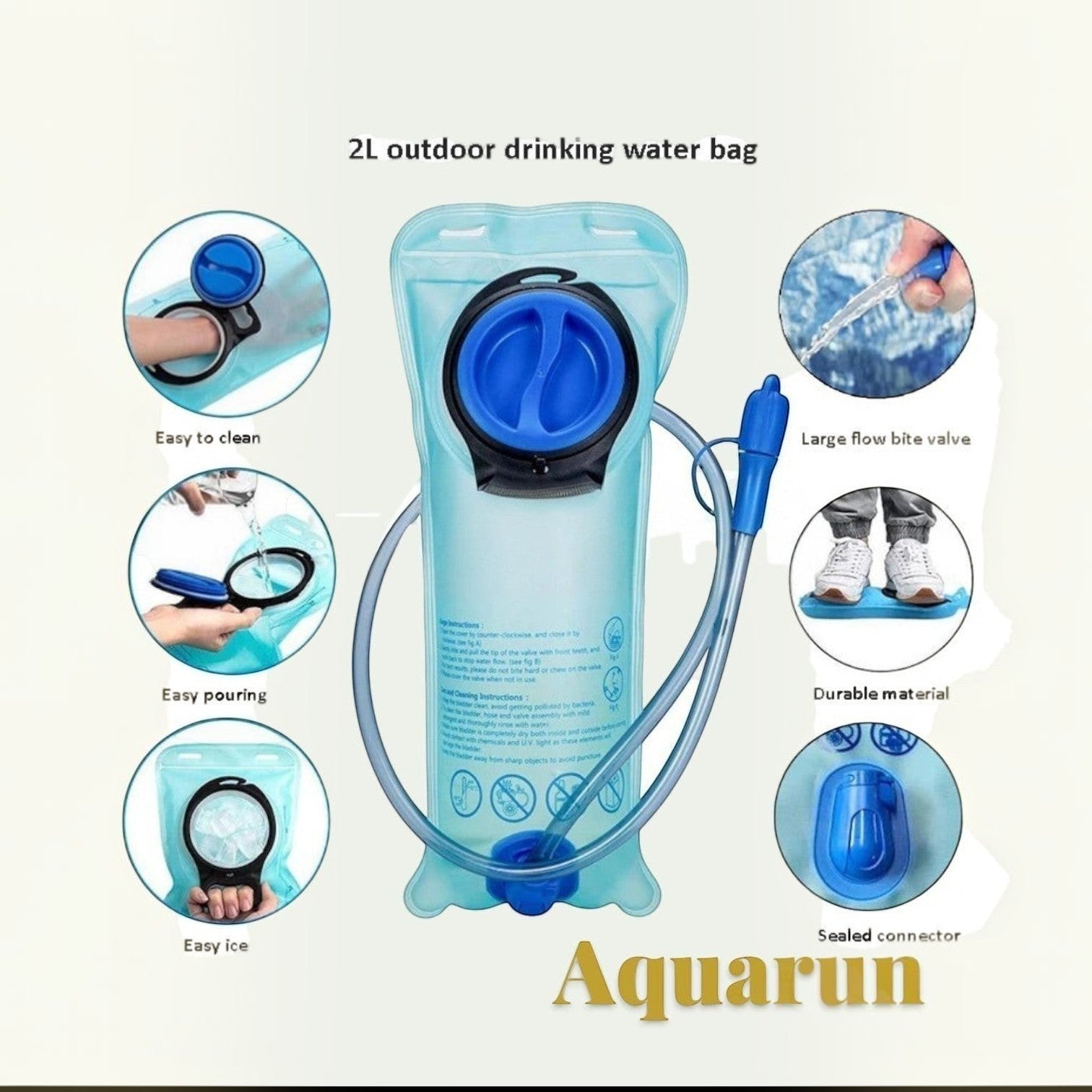 Gr8est Aquarun 2L hydration bladder with blue cap, drinking tube, and bite valve for outdoor sports and hiking