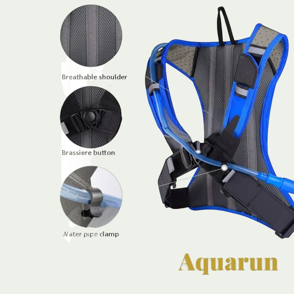 Gr8est Aquarun blue waterproof hydration backpack with breathable shoulder straps, chest buckle, and water tube clamp