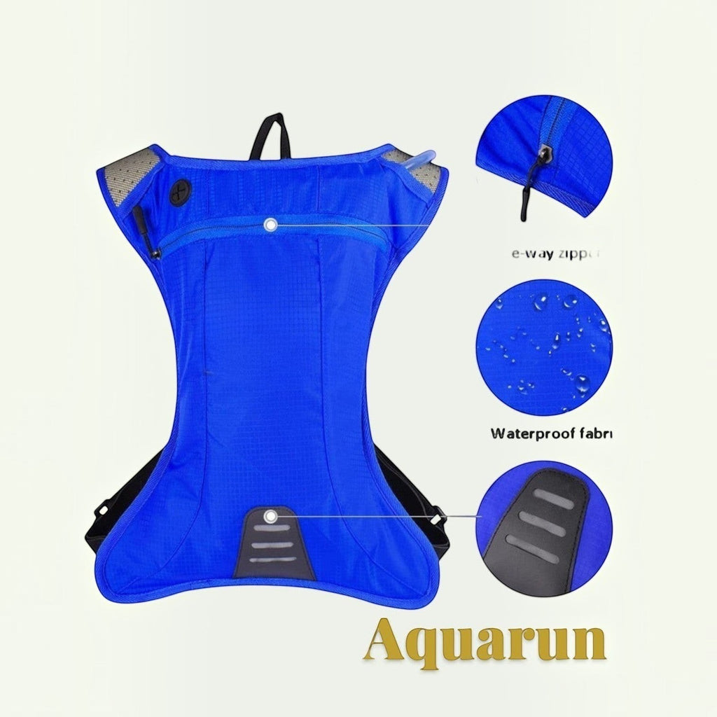 Gr8est Aquarun blue waterproof hydration backpack with 2L water bag, showing zipper and water-repellent fabric details