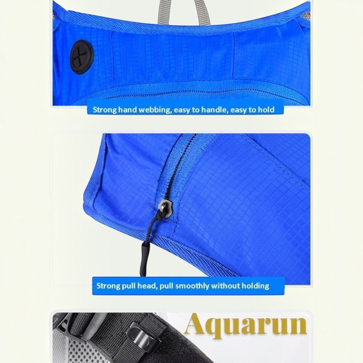 Gr8est Aquarun blue waterproof nylon hydration backpack showing durable webbing handle and smooth zipper pull details