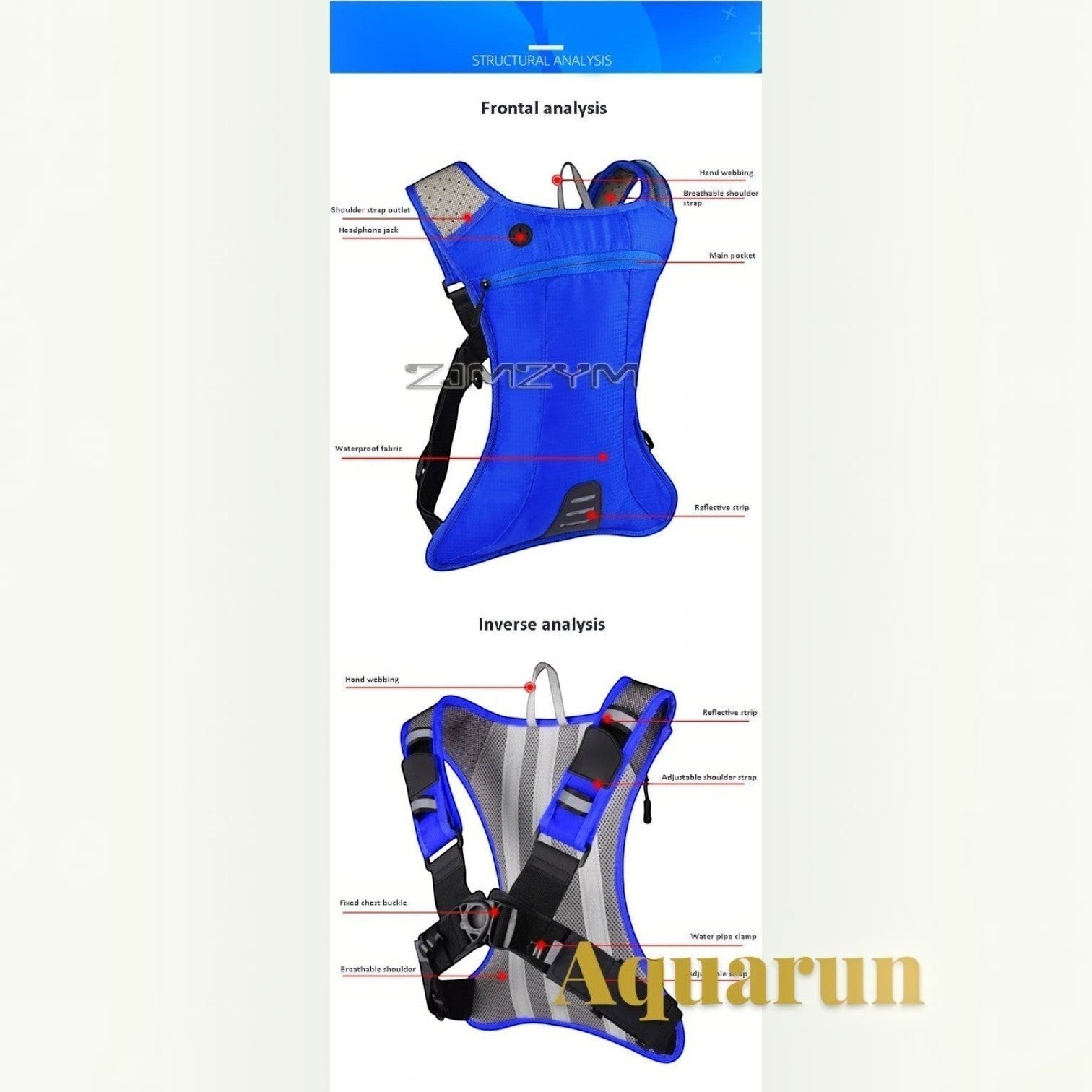 Gr8est Aquarun blue waterproof hydration backpack showing front and back views with breathable straps and reflective trim