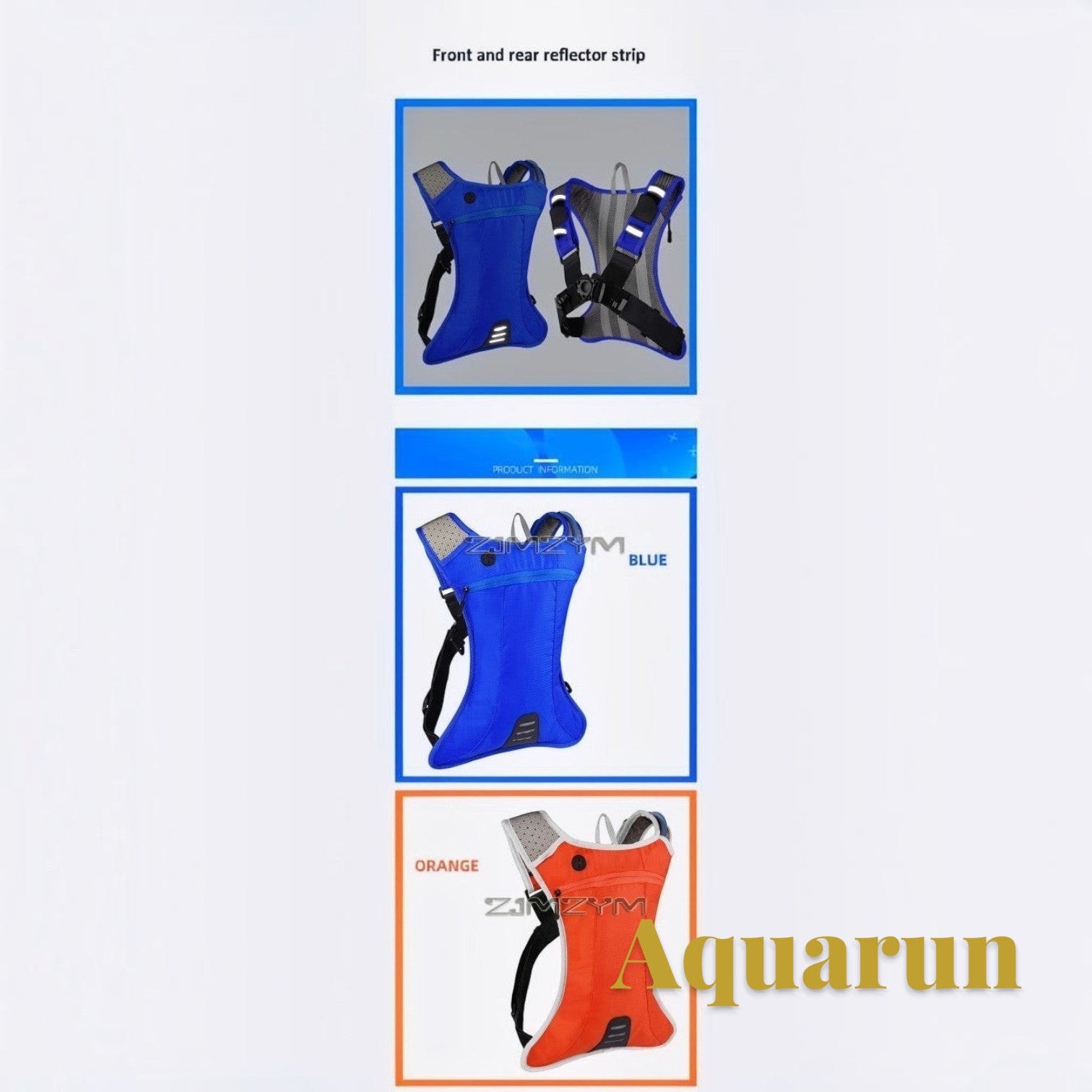 Gr8est Aquarun waterproof hydration backpack in blue and orange with reflective strips for running and cycling.
